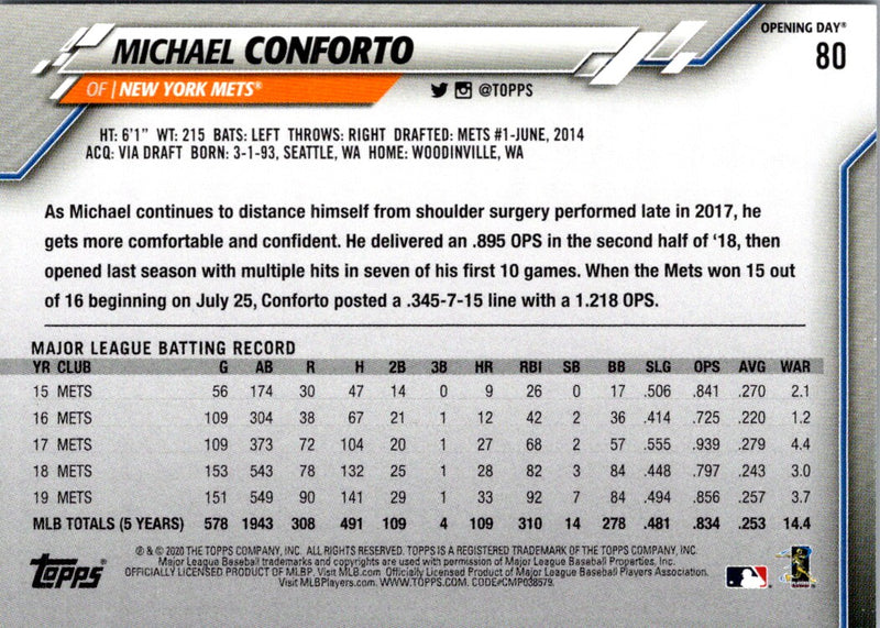 2020 Topps Opening Day Michael Conforto