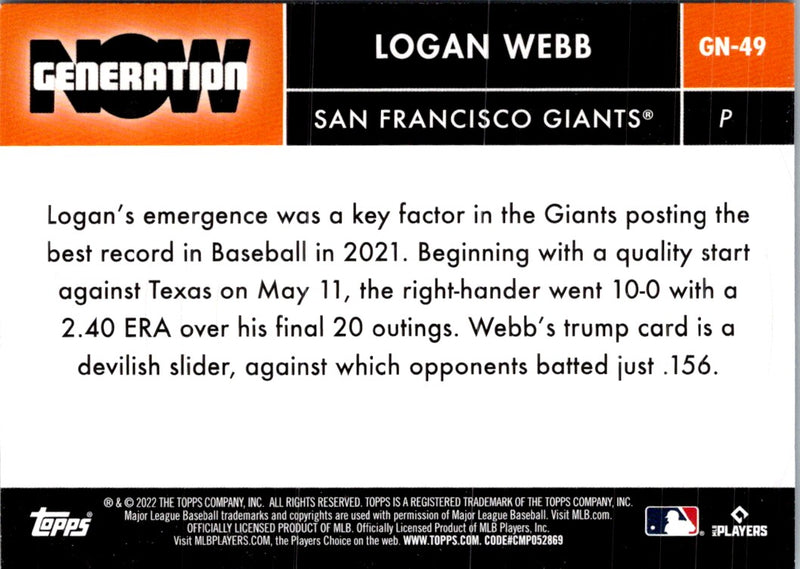 2022 Topps Generation Now Logan Webb