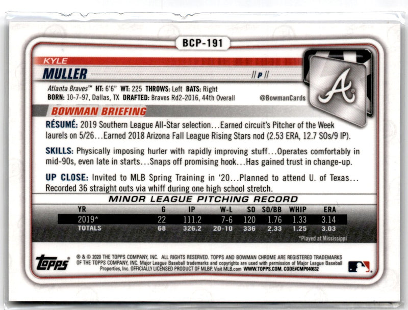 2020 Bowman Chrome Prospects Kyle Muller