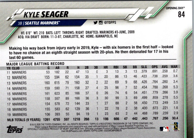 2020 Topps Opening Day Kyle Seager