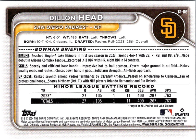 2024 Bowman Prospects Dillon Head