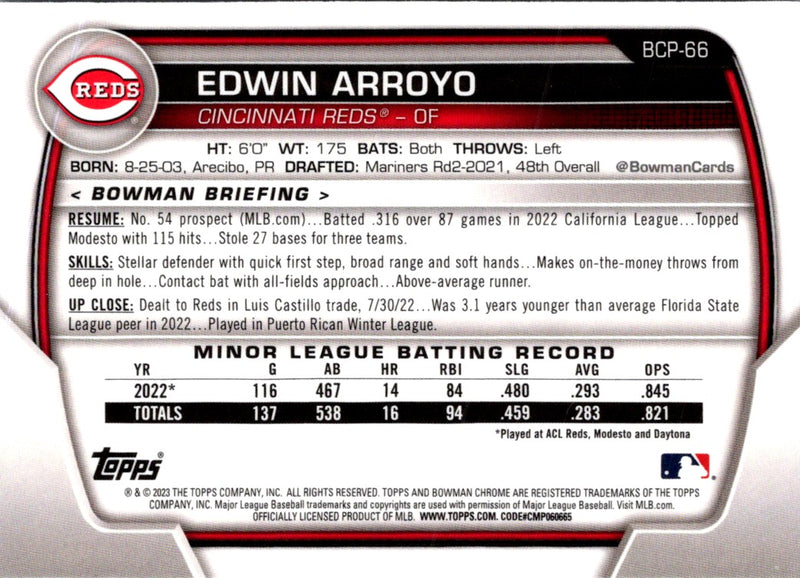 2023 Bowman Chrome Prospects Edwin Arroyo