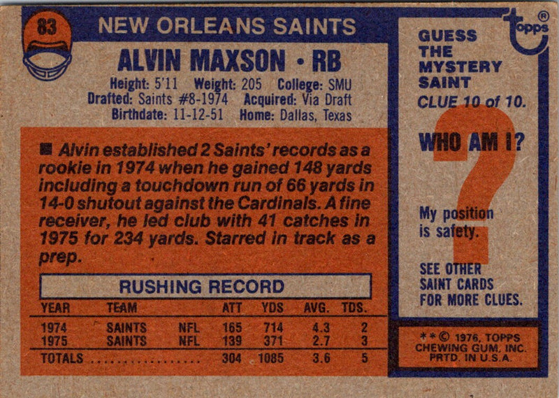 1976 Topps Alvin Maxson