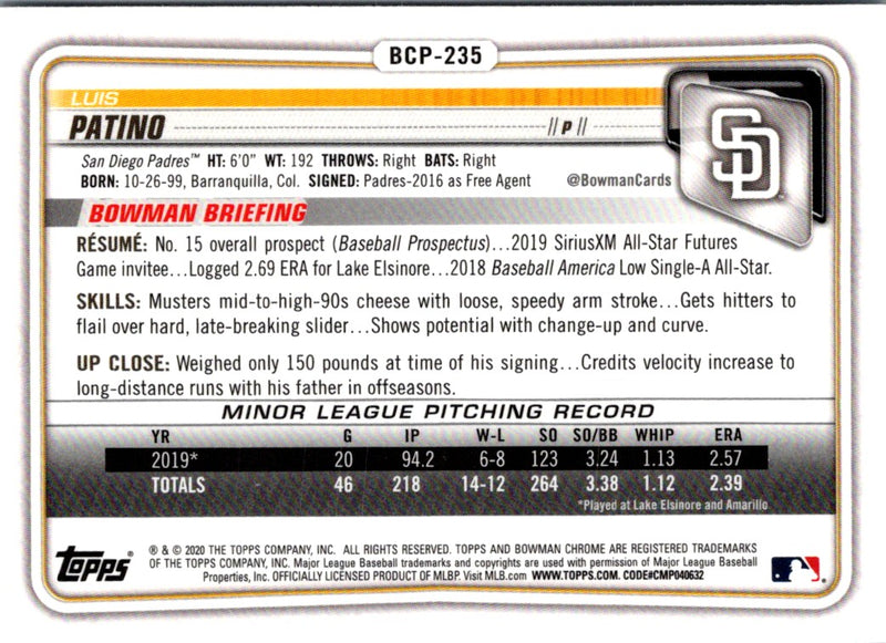 2020 Bowman Chrome Prospects Luis Patino