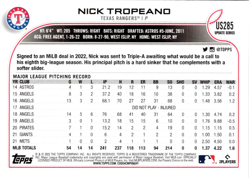 2022 Topps Update Nick Tropeano