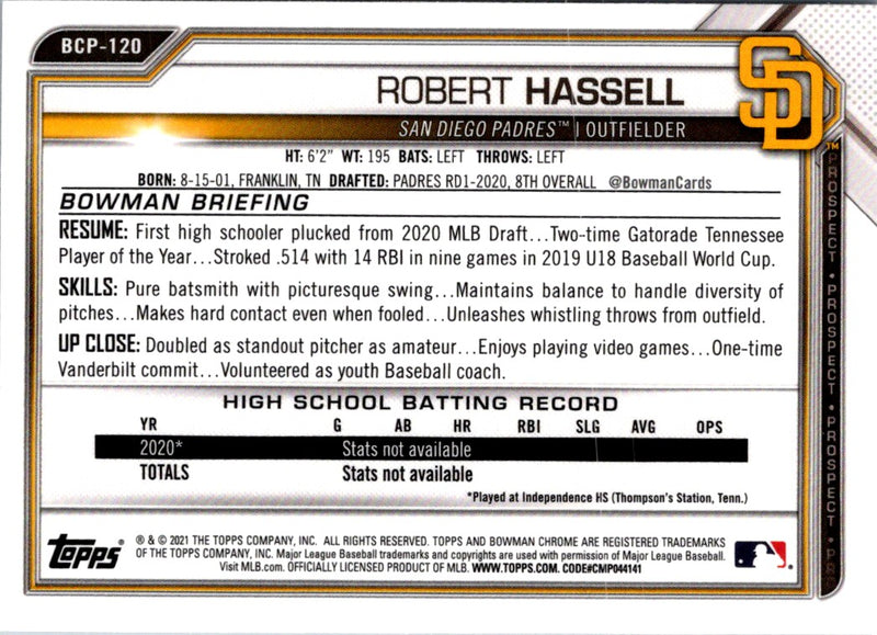 2021 Bowman Chrome Prospects Robert Hassell