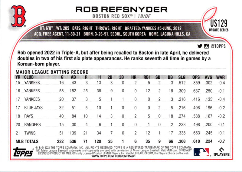 2022 Topps Update Rob Refsnyder