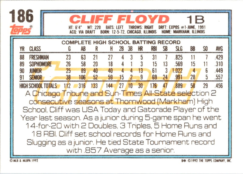 1992 Topps Gold Cliff Floyd