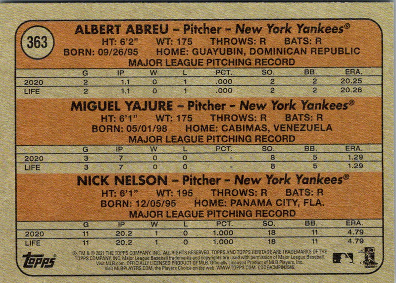 2021 Topps Heritage Red 2021 Rookie Stars - Yankees - Nick Nelson/Albert Abreu/Miguel Yajure