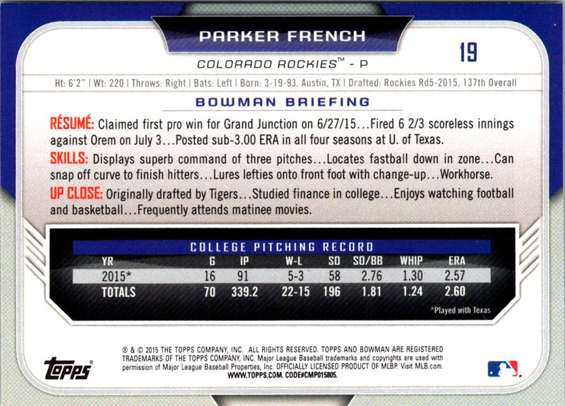 2015 Bowman Draft Picks & Prospects Parker French