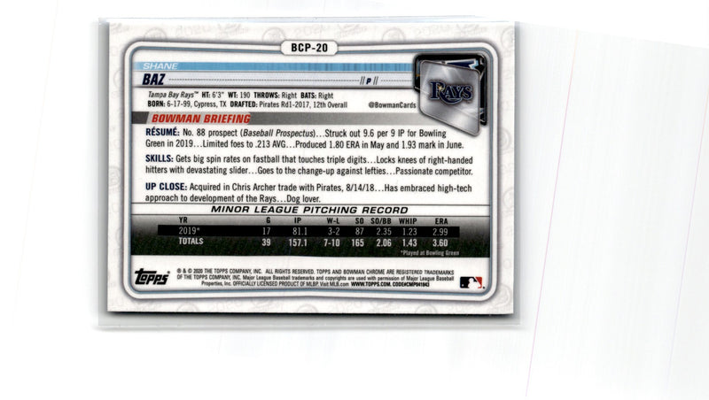 2020 Bowman Chrome Prospects Sapphire Shane Baz