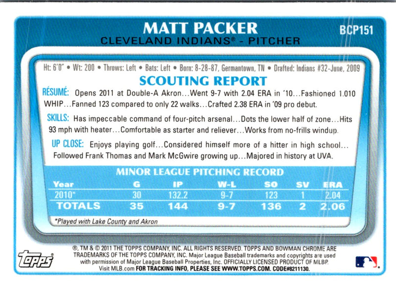 2011 Bowman Chrome Prospects Matt Packer