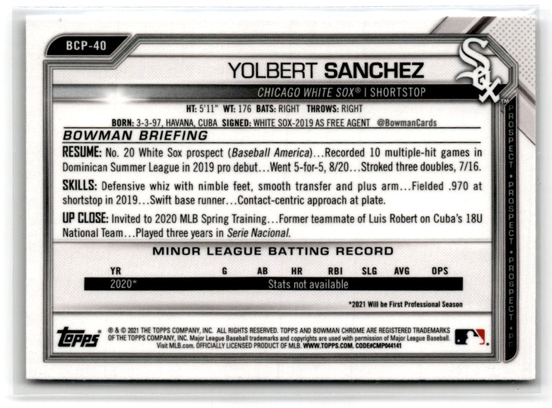 2021 Bowman Chrome Prospects Yolbert Sanchez