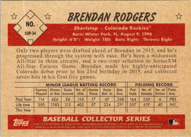 2019 Bowman Heritage Prospects Brendan Rodgers