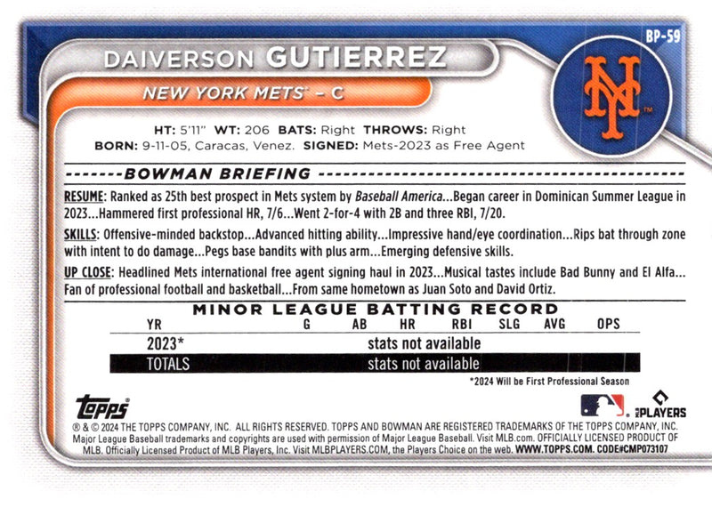 2024 Bowman Prospects Daiverson Gutierrez