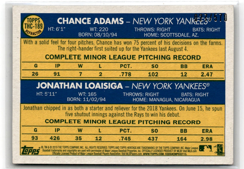 2019 Topps Heritage Bowman Chrome Refractor Chance Adams/Jonathan Loaisiga