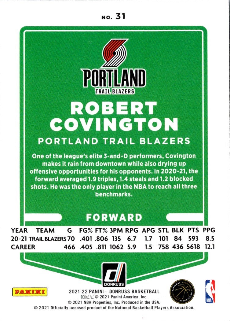 2021 Donruss Holo Red and Gold Laser Robert Covington