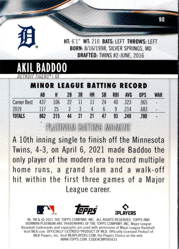 2021 Bowman Platinum Akil Baddoo #90 Rookie
