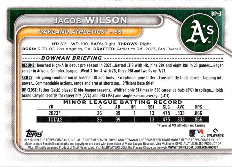 2024 Bowman Prospects Jacob Wilson