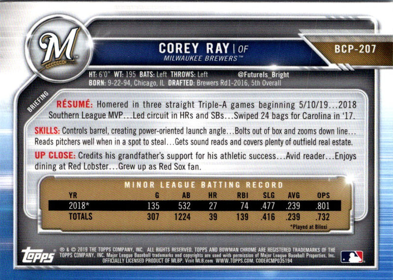 2019 Bowman Chrome Prospects Corey Ray