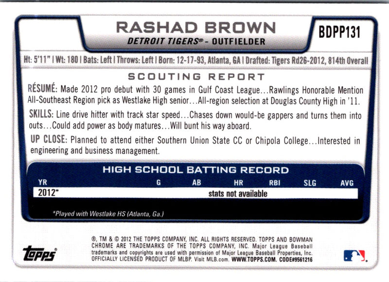 2012 Bowman Draft Picks & Prospects Chrome Rashad Brown