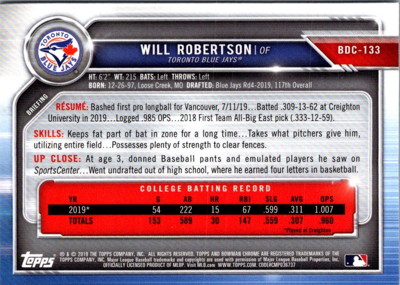 2019 Bowman Draft Chrome Will Robertson