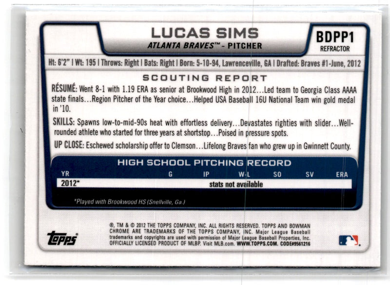 2012 Bowman Draft Picks & Prospects Chrome Lucas Sims