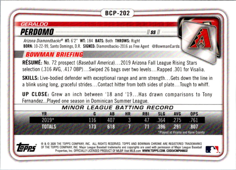 2020 Bowman Chrome Prospects Geraldo Perdomo