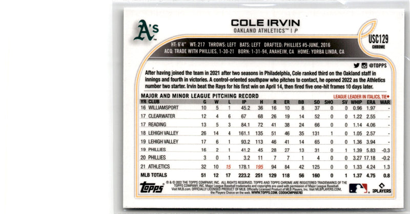 2022 Topps Chrome Update Cole Irvin