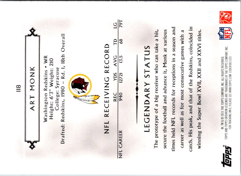 2011 Topps Gridiron Legends Art Monk