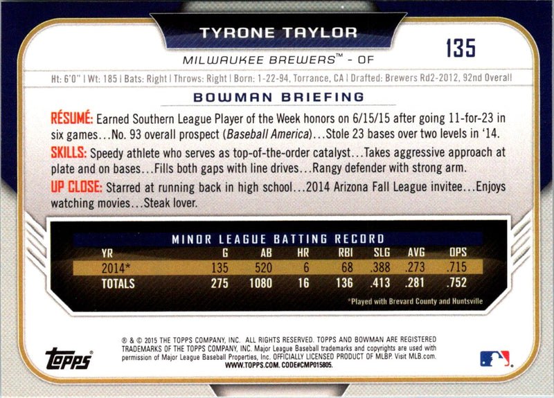 2015 Bowman Draft Picks & Prospects Tyrone Taylor