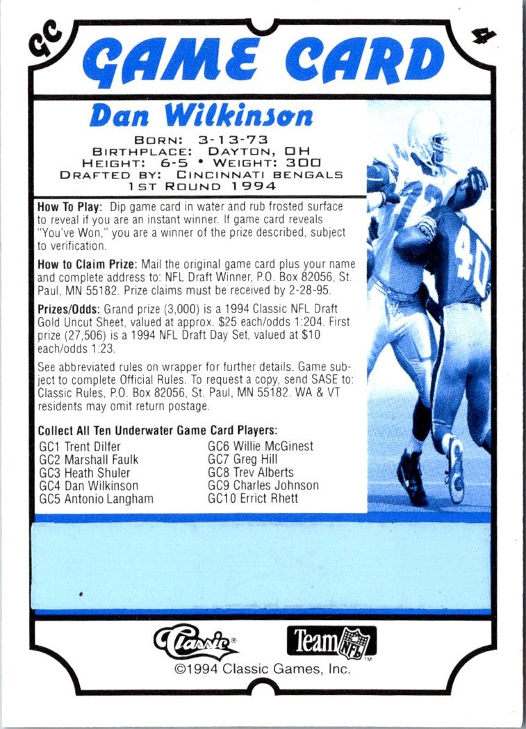 1994 Classic NFL Draft Game Cards Dan Wilkinson