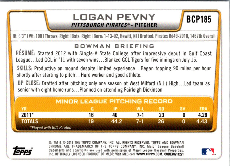 2012 Bowman Chrome Prospects Logan Pevny
