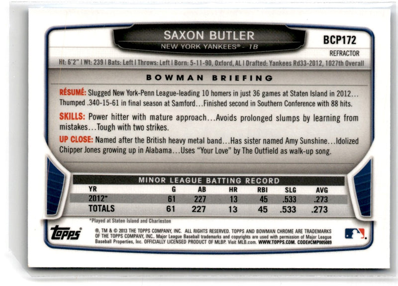 2013 Bowman Chrome Prospects Blue Wave Saxon Butler