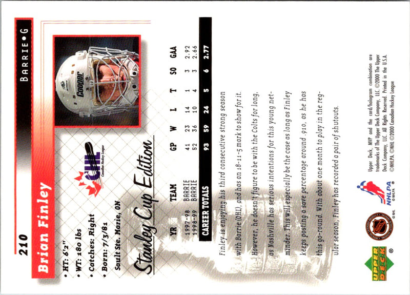 1999 Upper Deck MVP Stanley Cup Brian Finley