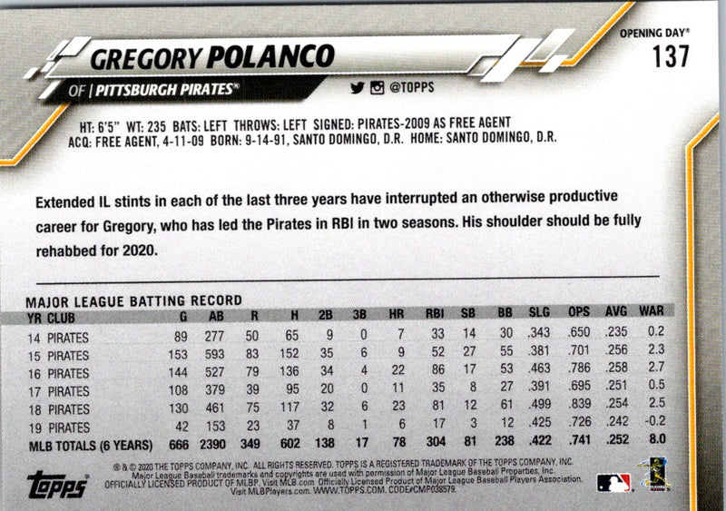 2020 Topps Opening Day Gregory Polanco