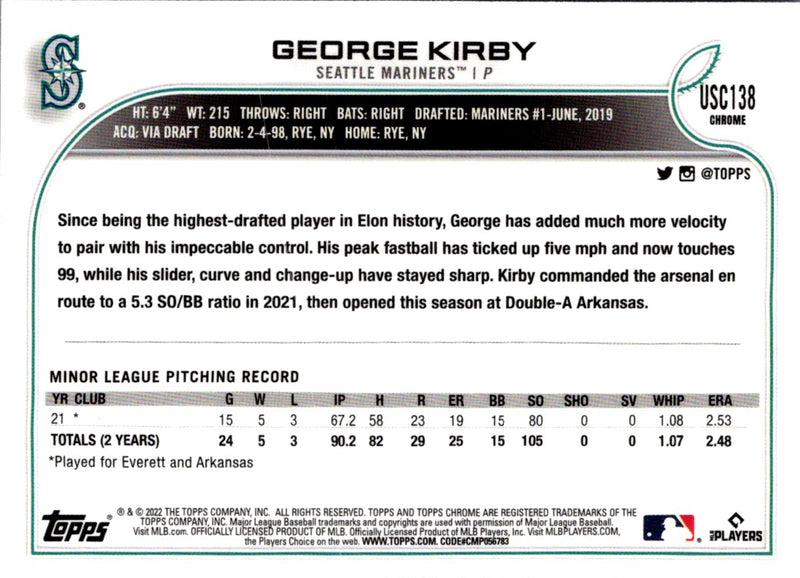 2022 Topps Chrome Update Purple Refractor George Kirby