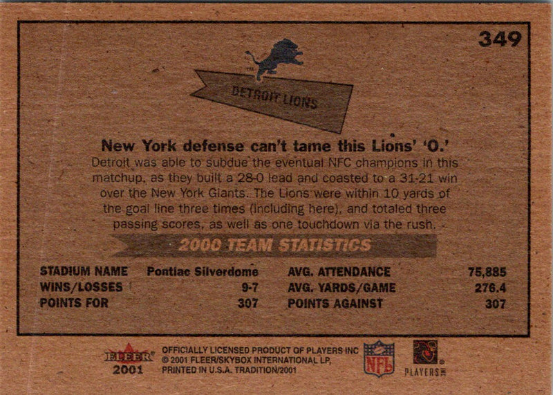 2001 Fleer Tradition Glossy Detroit Lions