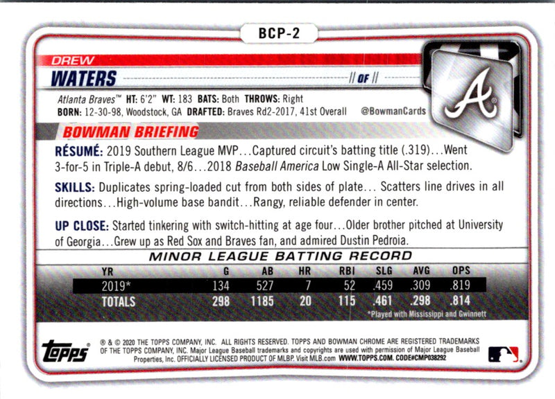 2020 Bowman Chrome Prospects Drew Waters