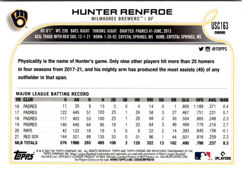 2022 Topps Chrome Update Purple Refractor Hunter Renfroe