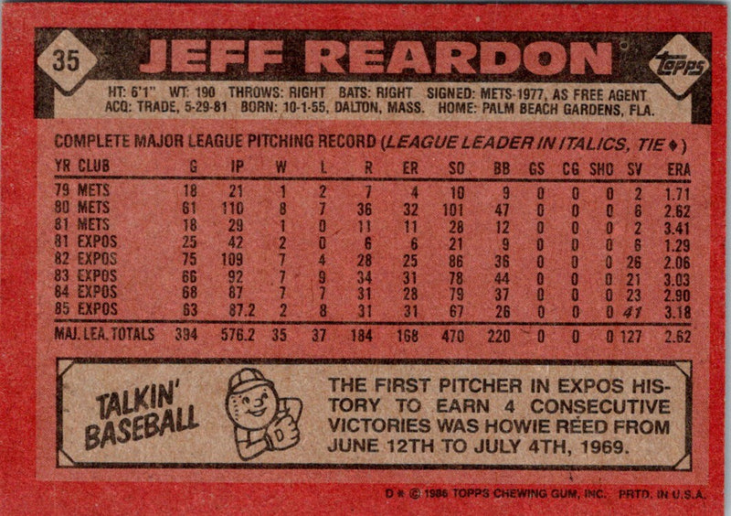 1986 Topps Jeff Reardon