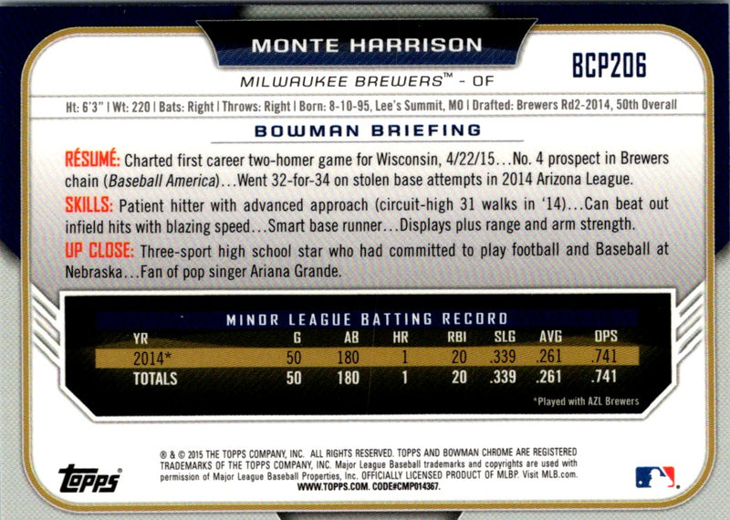 2015 Bowman Chrome Prospects Monte Harrison