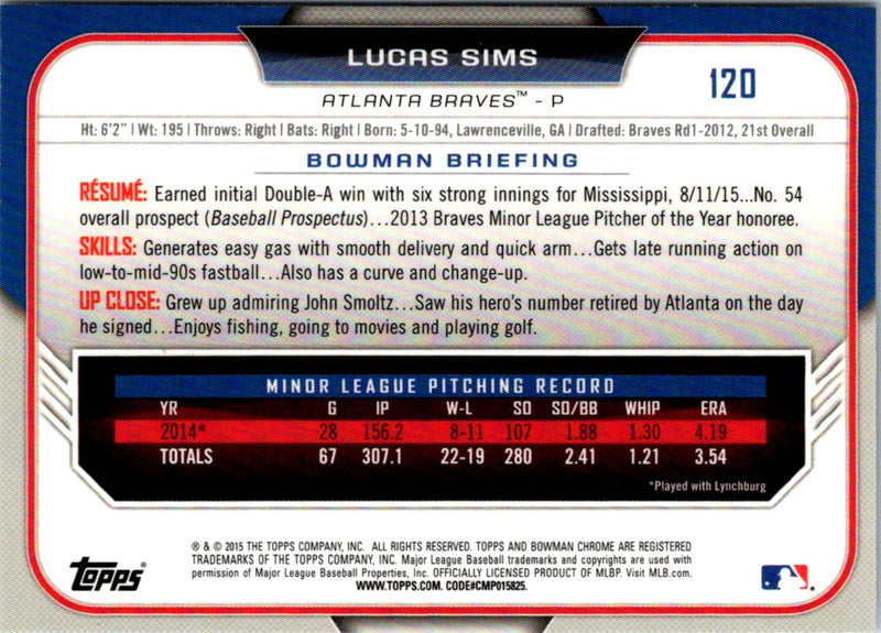 2015 Bowman Draft Picks & Prospects Chrome Lucas Sims