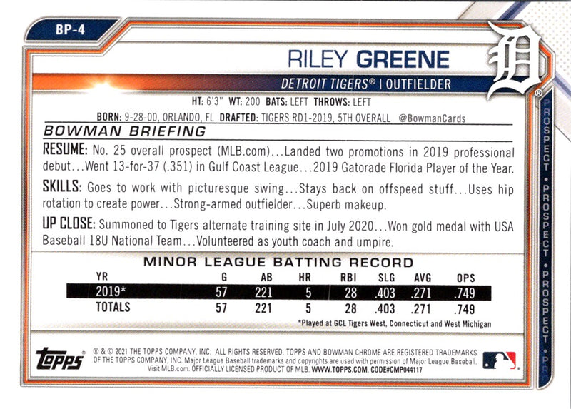 2021 Bowman Prospects Riley Greene