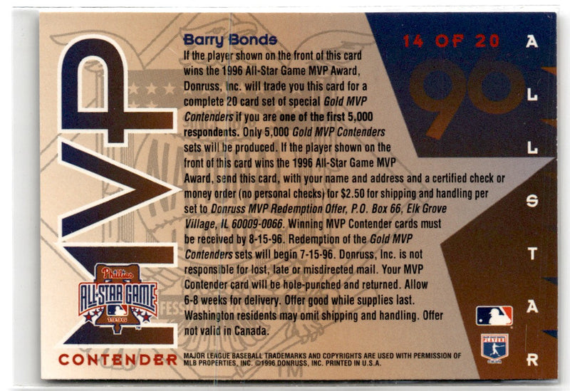 1996 Leaf All-Star Game MVP Contenders Gold Barry Bonds