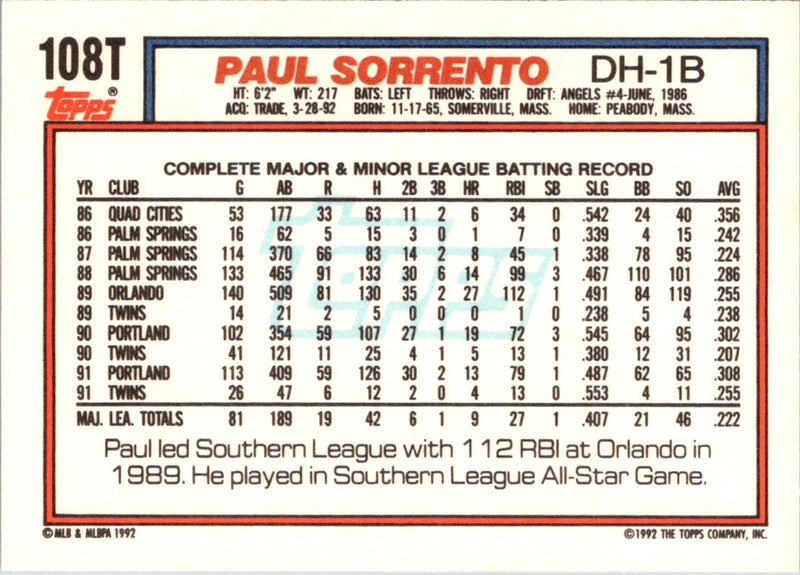 1992 Topps Traded Paul Sorrento