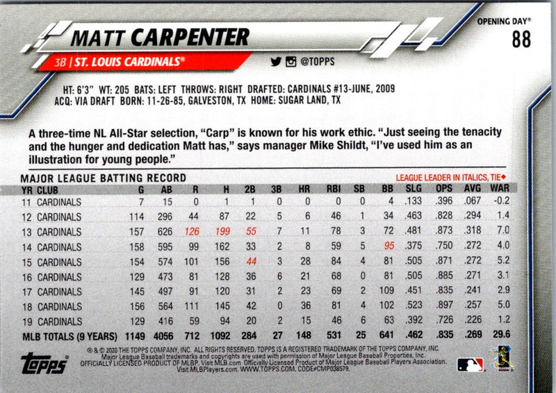 2020 Topps Opening Day Matt Carpenter