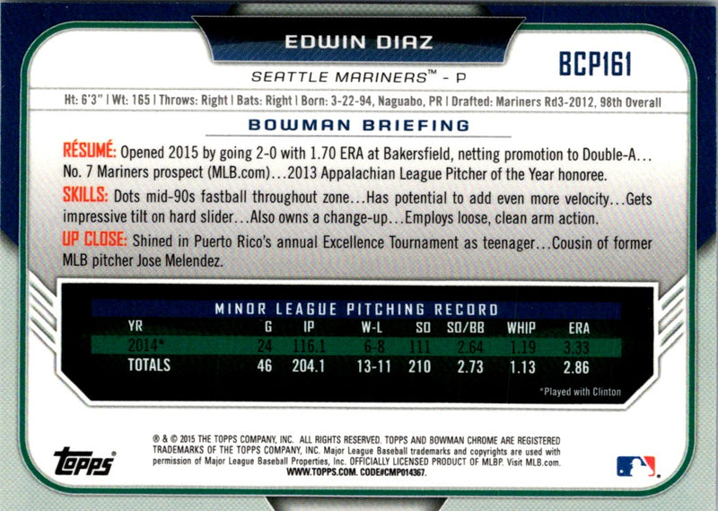 2015 Bowman Chrome Prospects Edwin Diaz