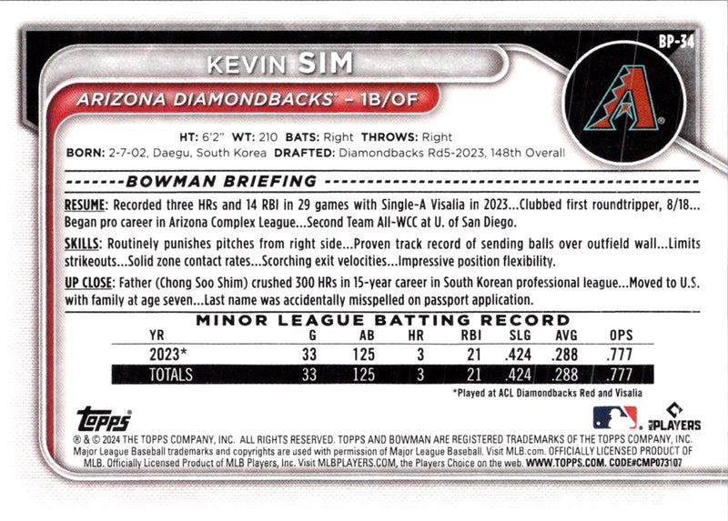 2024 Bowman Prospects Kevin Sim