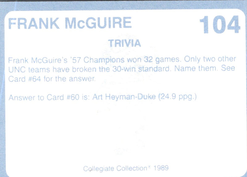 1989 Collegiate Collection North Carolina's Finest Frank McGuire